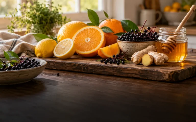Citrus fruit, berries and ginger on a wooden counter