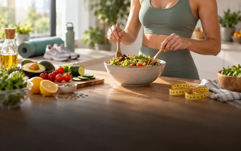 Person preparing a salad in a kitchen