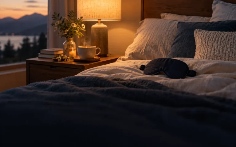 Bedside lamp in a bedroom at dusk